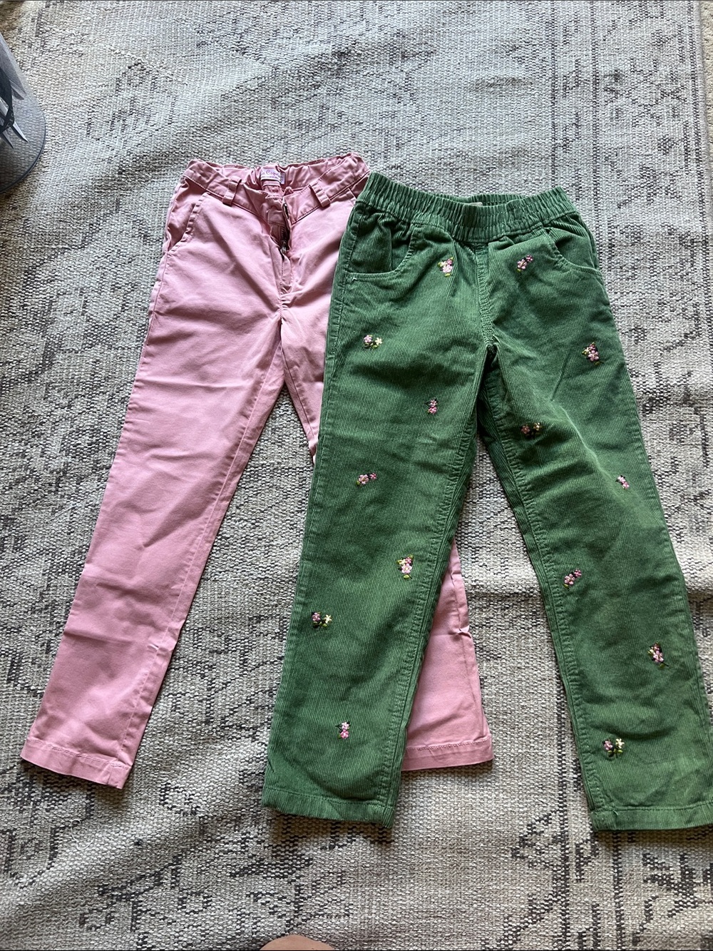 Girls Pink and Green Corduroy Pants Duo with Embroidered Accents